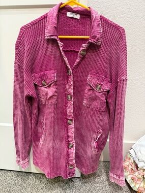 ZENANA Pink Waffle-Knit Button Front Shirt Jacket Small Relaxed Fit